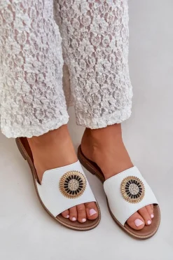 Boto Klapki Damskie Klasyczne*Skórzane Klapki Z Ozdobą Na Płaskim Obcasie Lewski 3047/O Białe Biały