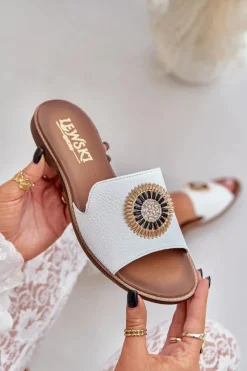 Boto Klapki Damskie Klasyczne*Skórzane Klapki Z Ozdobą Na Płaskim Obcasie Lewski 3047/O Białe Biały