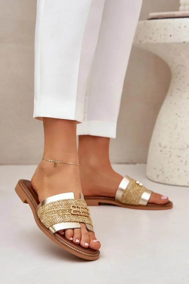 Best Zazoo Skórzane Klapki Z Ozdobnym Detalem I Plecionką 40426 Złote Złoty