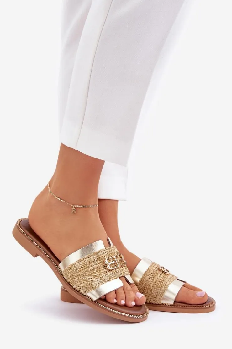 Best Zazoo Skórzane Klapki Z Ozdobnym Detalem I Plecionką 40426 Złote Złoty