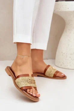 Zazoo Klapki Damskie Klasyczne*Skórzane Klapki Z Ozdobnym Detalem I Plecionką 40426 Brązowe Brązowy