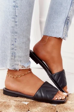 Damskie buty S.Barski Klapki Damskie Klasyczne*Skórzane Klapki Z Pikowaniem S.Barski 331-42 Czarne