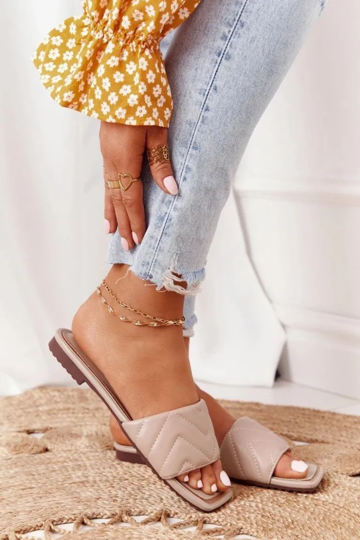 Hot Damskie buty S.Barski Skórzane Klapki Z Pikowaniem S.Barski 331-42 Cappuccino