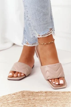 Hot Damskie buty S.Barski Skórzane Klapki Z Pikowaniem S.Barski 331-42 Cappuccino