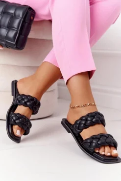 Online Boto Skórzane Klapki Z Plecionką Czarne Love On Top