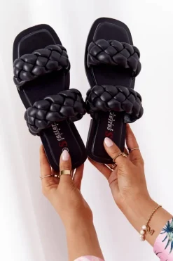 Online Boto Skórzane Klapki Z Plecionką Czarne Love On Top