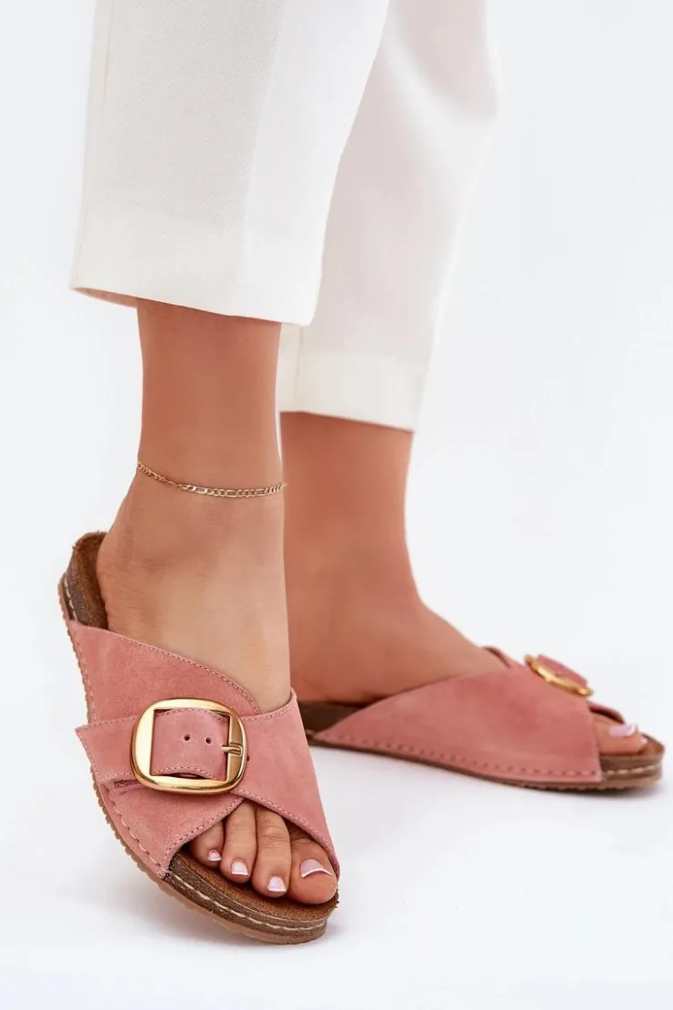 Damskie Maciejka Skórzane Klapki Ze Złotą Klamrą 07000-15 Różowe