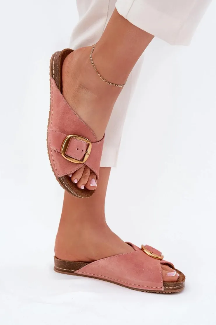 Damskie Maciejka Skórzane Klapki Ze Złotą Klamrą 07000-15 Różowe