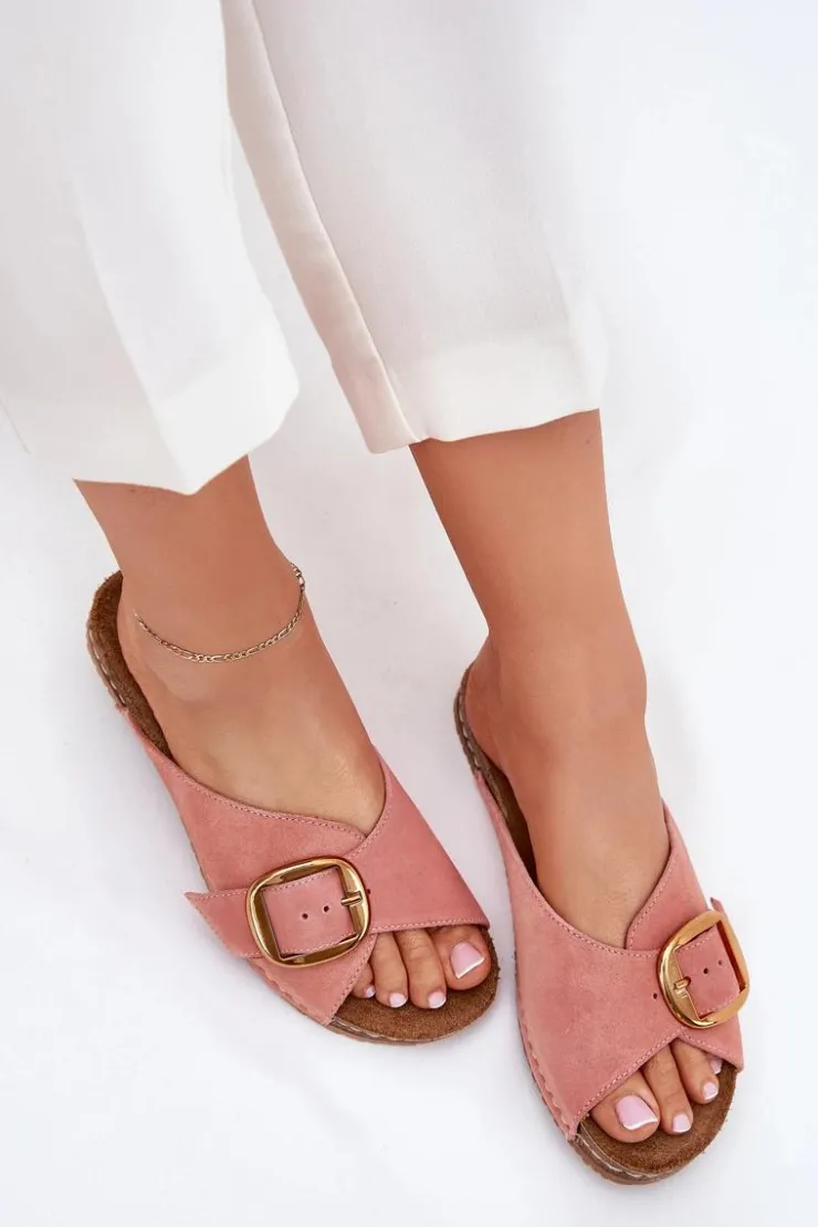 Damskie Maciejka Skórzane Klapki Ze Złotą Klamrą 07000-15 Różowe