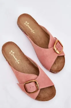 Damskie Maciejka Skórzane Klapki Ze Złotą Klamrą 07000-15 Różowe