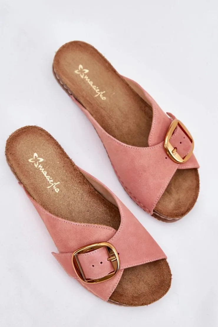 Damskie Maciejka Skórzane Klapki Ze Złotą Klamrą 07000-15 Różowe