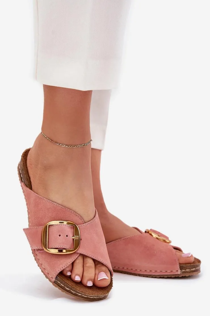 Damskie Maciejka Skórzane Klapki Ze Złotą Klamrą 07000-15 Różowe