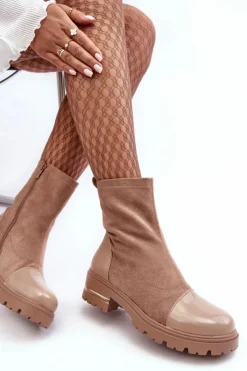 Damskie Boto Skórzane Klasyczne Botki Na Płaskim Obcasie Beżowe Shendete