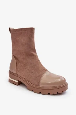 Damskie Boto Skórzane Klasyczne Botki Na Płaskim Obcasie Beżowe Shendete