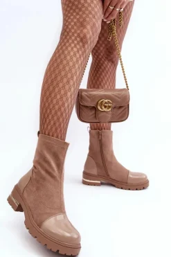 Damskie Boto Skórzane Klasyczne Botki Na Płaskim Obcasie Beżowe Shendete