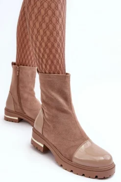 Damskie Boto Skórzane Klasyczne Botki Na Płaskim Obcasie Beżowe Shendete