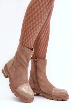 Damskie Boto Skórzane Klasyczne Botki Na Płaskim Obcasie Beżowe Shendete