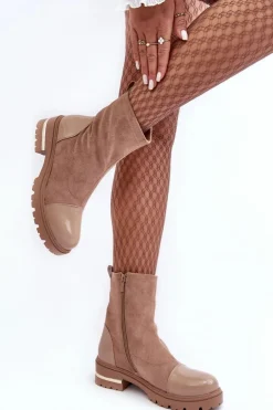 Damskie Boto Skórzane Klasyczne Botki Na Płaskim Obcasie Beżowe Shendete