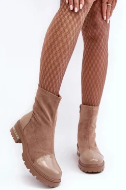 Damskie Boto Skórzane Klasyczne Botki Na Płaskim Obcasie Beżowe Shendete