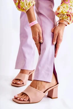 Damskie Boto Skórzane Klasyczne Klapki Na Obcasie Nude Talena