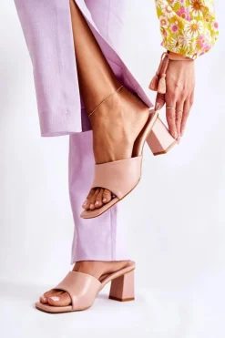 Damskie Boto Skórzane Klasyczne Klapki Na Obcasie Nude Talena