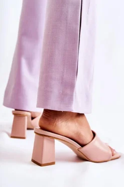 Damskie Boto Skórzane Klasyczne Klapki Na Obcasie Nude Talena