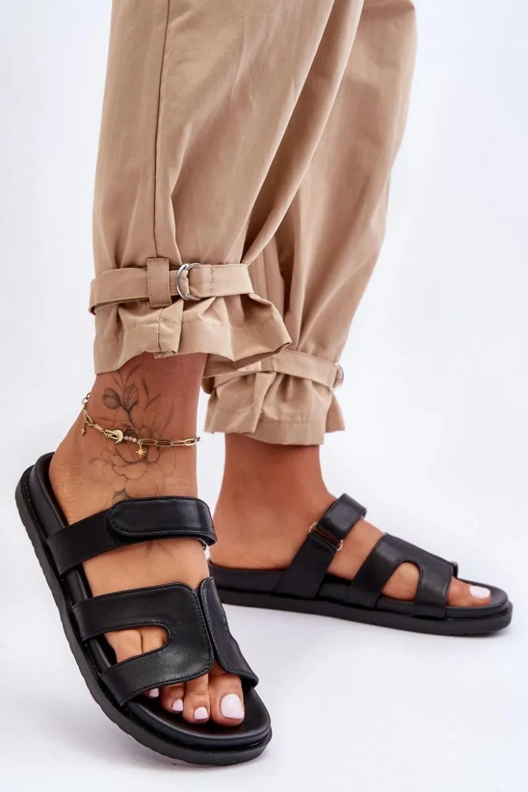 Discount Boto Skórzane Klasyczne Klapki Damskie Na Rzep Czarne Amedon