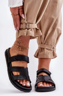 Discount Boto Skórzane Klasyczne Klapki Damskie Na Rzep Czarne Amedon