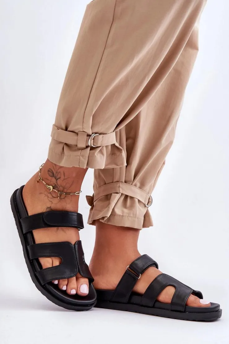 Discount Boto Skórzane Klasyczne Klapki Damskie Na Rzep Czarne Amedon