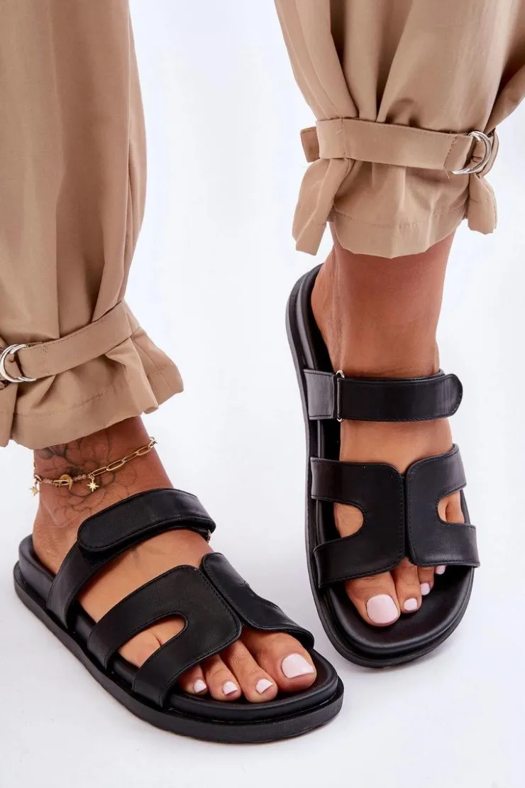 Discount Boto Skórzane Klasyczne Klapki Damskie Na Rzep Czarne Amedon