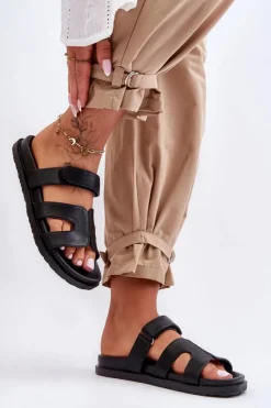 Discount Boto Skórzane Klasyczne Klapki Damskie Na Rzep Czarne Amedon