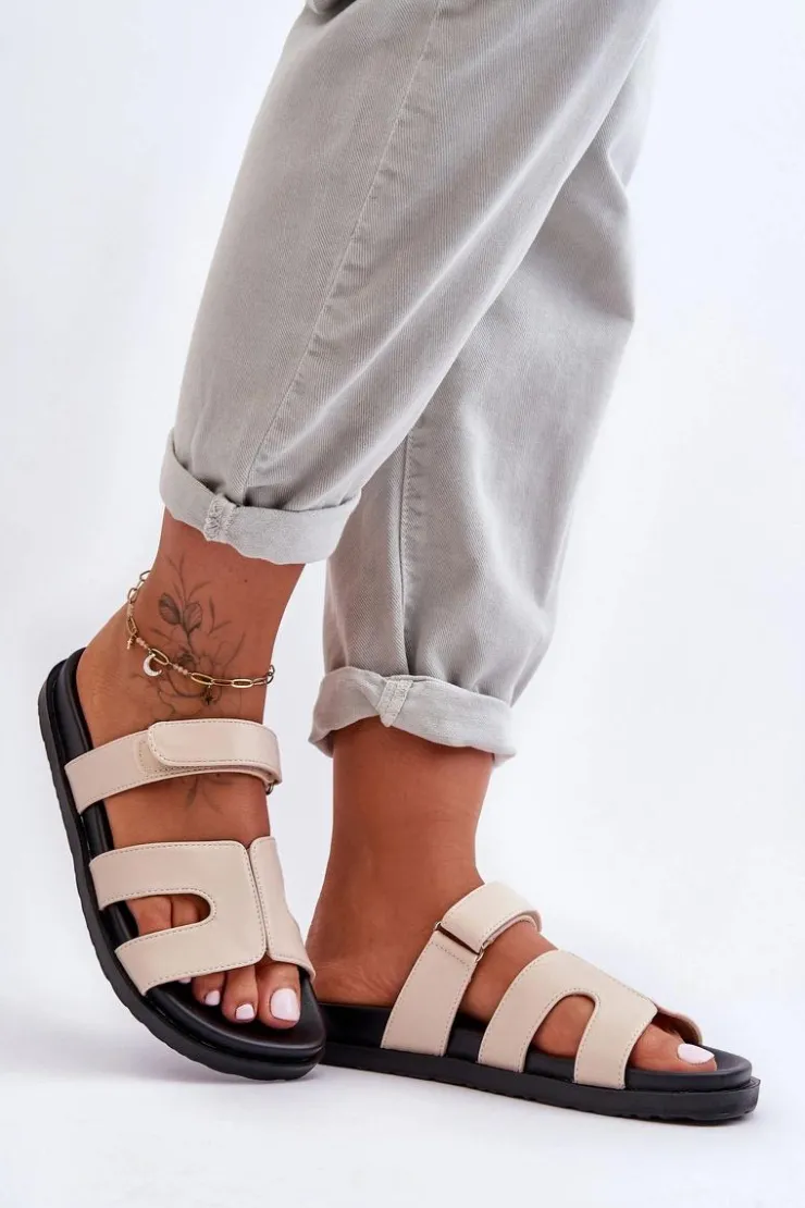 Discount Boto Skórzane Klasyczne Klapki Damskie Na Rzep Beżowe Amedon