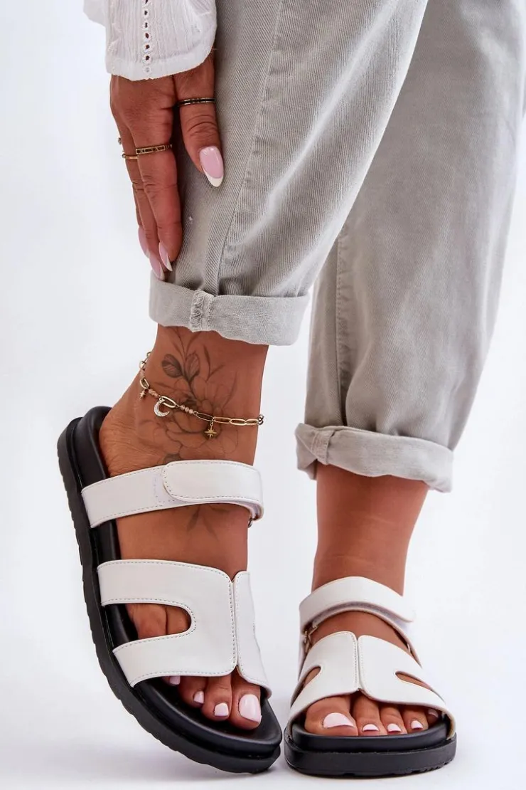 Damskie Boto Skórzane Klasyczne Klapki Damskie Na Rzep Białe Amedon