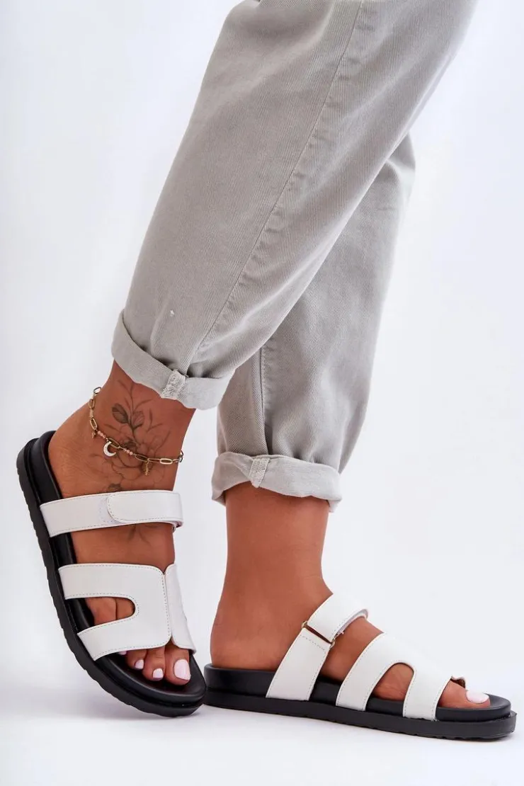 Damskie Boto Skórzane Klasyczne Klapki Damskie Na Rzep Białe Amedon