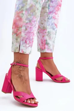 Damskie Boto Skórzane Klasyczne Sandałki Na Słupku Fuksja Zipola