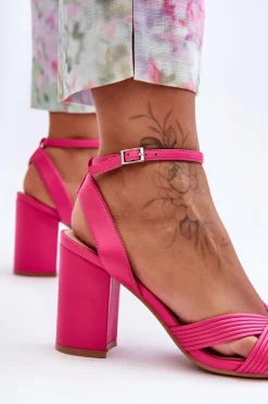 Damskie Boto Skórzane Klasyczne Sandałki Na Słupku Fuksja Zipola