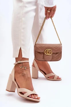 Hot Boto Skórzane Klasyczne Sandałki Na Słupku Beżowe Zipola