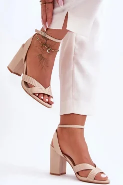 Hot Boto Skórzane Klasyczne Sandałki Na Słupku Beżowe Zipola