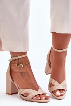 Hot Boto Skórzane Klasyczne Sandałki Na Słupku Beżowe Zipola