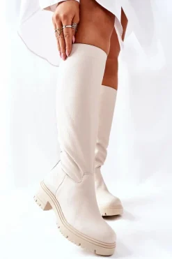 Boto Skórzane Kozaki Beżowe Nicole 2685