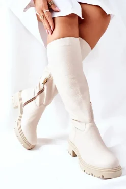 Boto Skórzane Kozaki Beżowe Nicole 2685