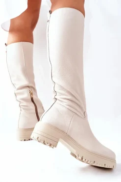 Boto Skórzane Kozaki Beżowe Nicole 2685