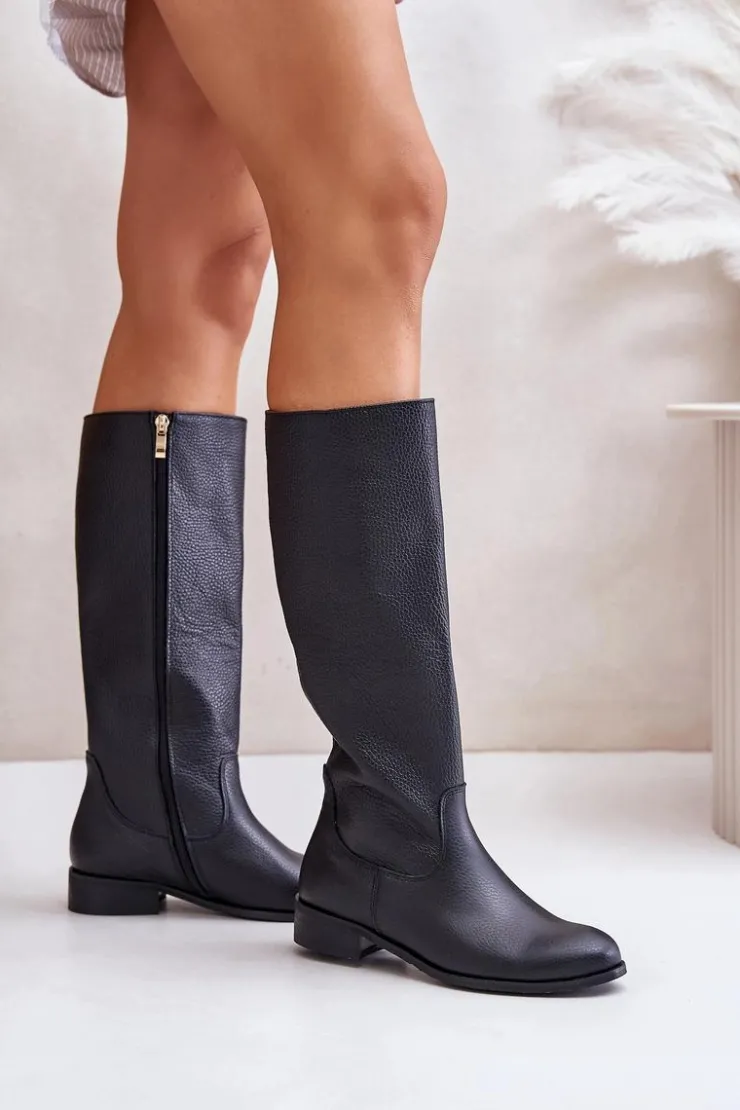 Zazoo Kozaki Płaskie|Kozaki Przed Kolano*Skórzane Kozaki Damskie Do Połowy Łydki Na Zamek Lewski 3616 Czarne Czarny