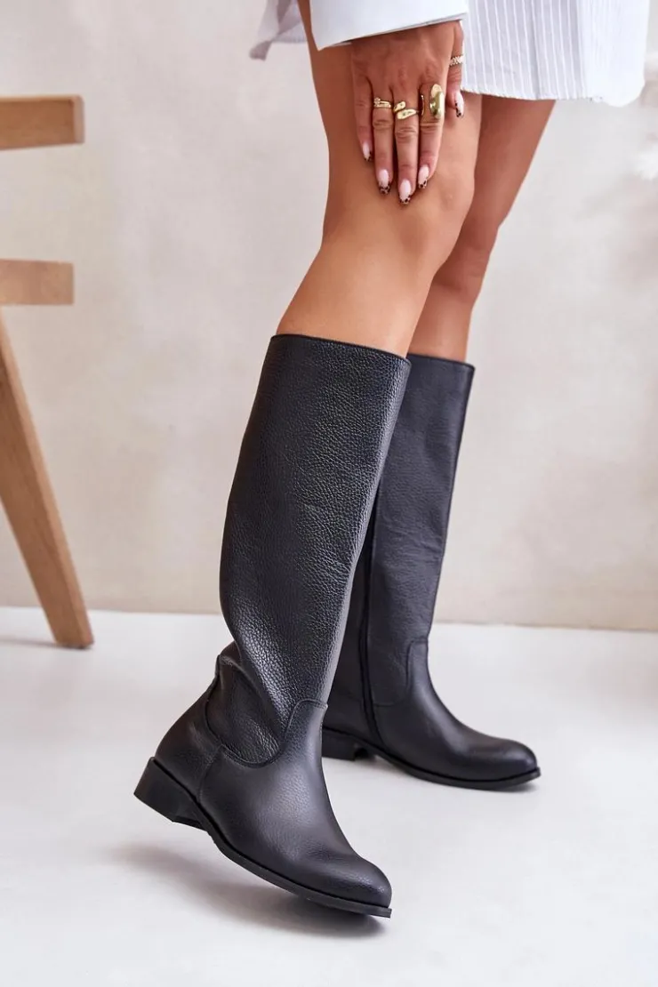 Zazoo Kozaki Płaskie|Kozaki Przed Kolano*Skórzane Kozaki Damskie Do Połowy Łydki Na Zamek Lewski 3616 Czarne Czarny