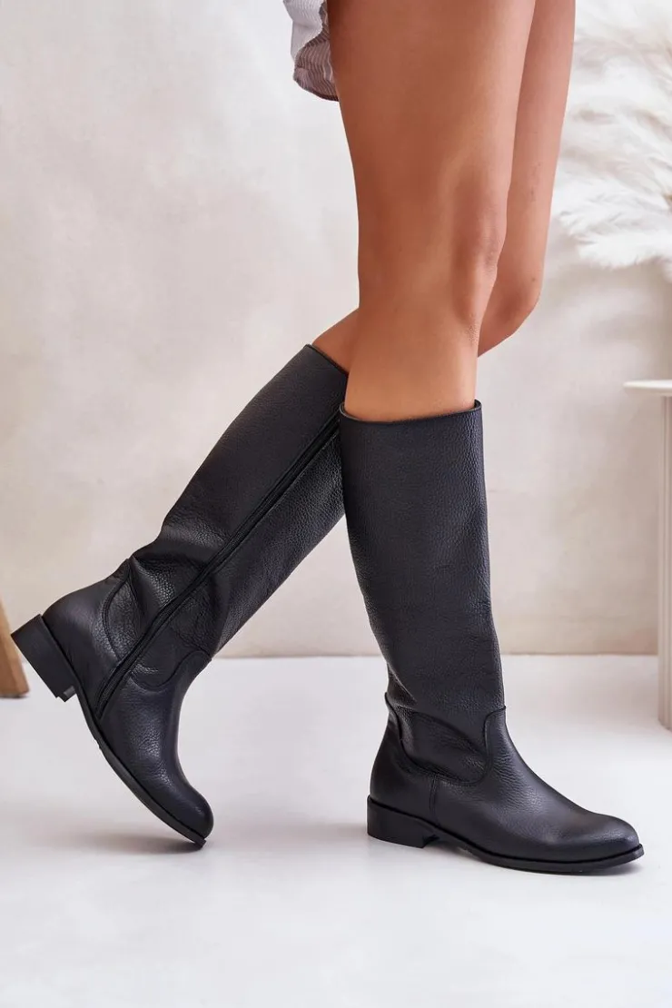 Zazoo Kozaki Płaskie|Kozaki Przed Kolano*Skórzane Kozaki Damskie Do Połowy Łydki Na Zamek Lewski 3616 Czarne Czarny
