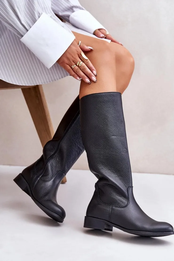 Zazoo Kozaki Płaskie|Kozaki Przed Kolano*Skórzane Kozaki Damskie Do Połowy Łydki Na Zamek Lewski 3616 Czarne Czarny