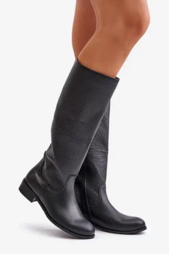 Zazoo Kozaki Płaskie|Kozaki Przed Kolano*Skórzane Kozaki Damskie Do Połowy Łydki Na Zamek Lewski 3616 Czarne Czarny