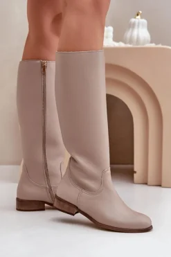 Zazoo Kozaki Płaskie|Kozaki Przed Kolano*Skórzane Kozaki Damskie Do Połowy Łydki Na Zamek 3616 Jasnobeżowe Beżowy