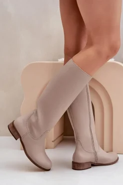 Zazoo Kozaki Płaskie|Kozaki Przed Kolano*Skórzane Kozaki Damskie Do Połowy Łydki Na Zamek 3616 Jasnobeżowe Beżowy