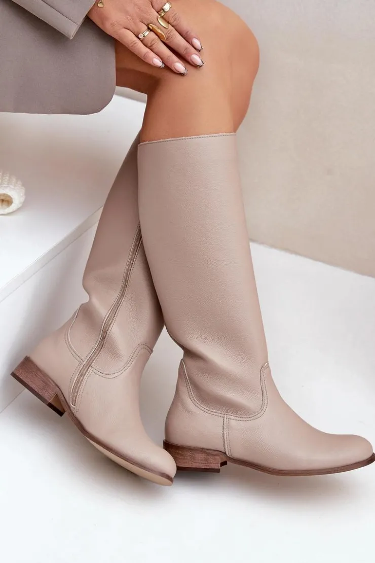 Zazoo Kozaki Płaskie|Kozaki Przed Kolano*Skórzane Kozaki Damskie Do Połowy Łydki Na Zamek 3616 Jasnobeżowe Beżowy